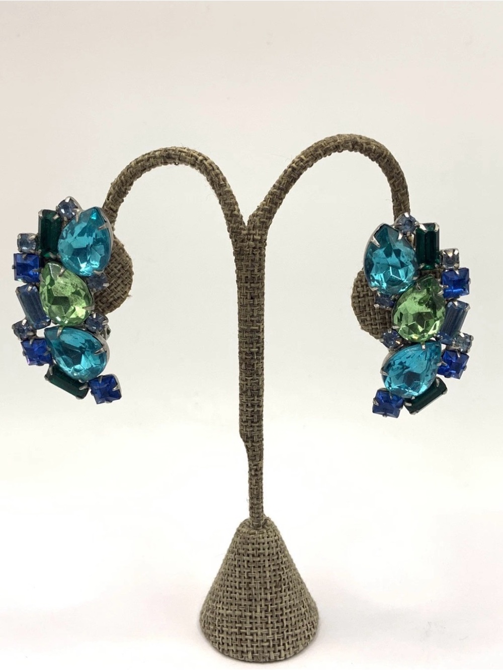 VTG Estate Aqua Blue Green Rhinestone Climber Clip Earrings Square Pear